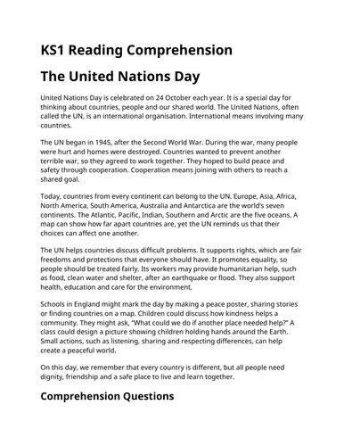 The United Nations Day KS1 Reading Comprehension | Updated for 2026-27