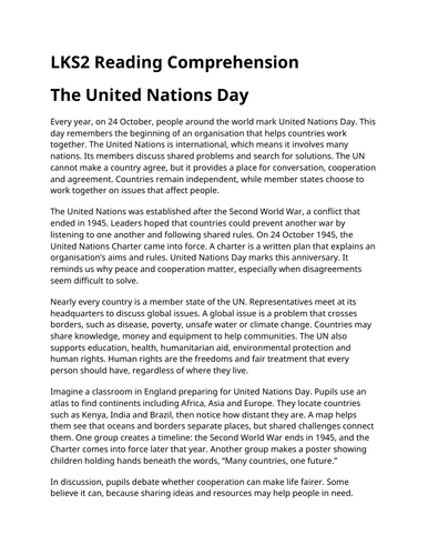 The United Nations Day LKS2 Reading Comprehension | Updated for 2026-27