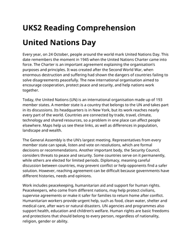 The United Nations Day UKS2 Reading Comprehension | Updated for 2026-27