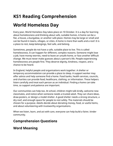 World Homeless Day KS1 Reading Comprehension | Updated for 2026-27