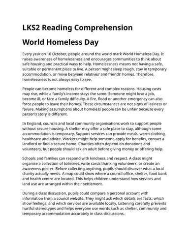 World Homeless Day LKS2 Reading Comprehension | Updated for 2026-27