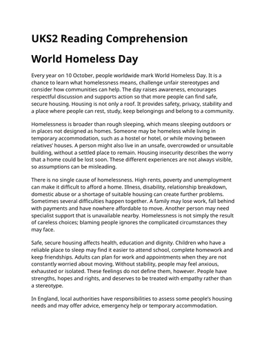 World Homeless Day UKS2 Reading Comprehension | Updated for 2026-27