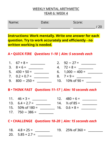 Year 6 Weekly Mental Maths - Mental Arithmetic Worksheet | Week 4