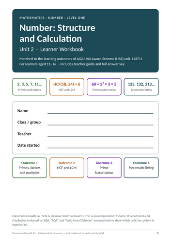 AQA (UAS) Unit 113711 Primes, Factors, HCF, LCM and Systematic Listing Workbook, Ages 11–16