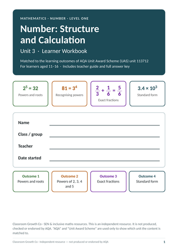 AQA (UAS) 113712 Powers, Roots, Fractions and Standard Form Workbook, Ages 11–16