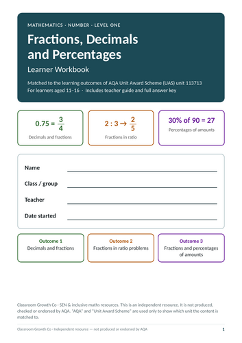 AQA (UAS) 113713 Fractions, Decimals, Percentages and Ratio Workbook, Ages 11–16