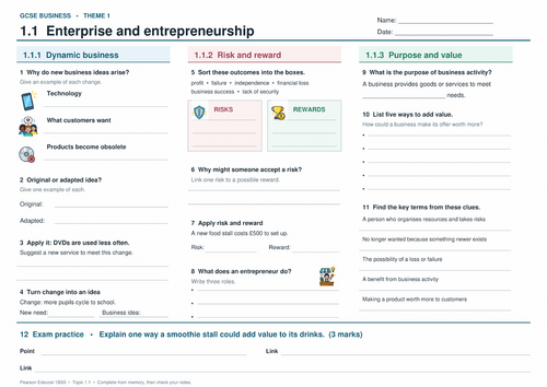 Edexcel GCSE Business 1BSO Revision Mats for Theme 1 and Theme 2