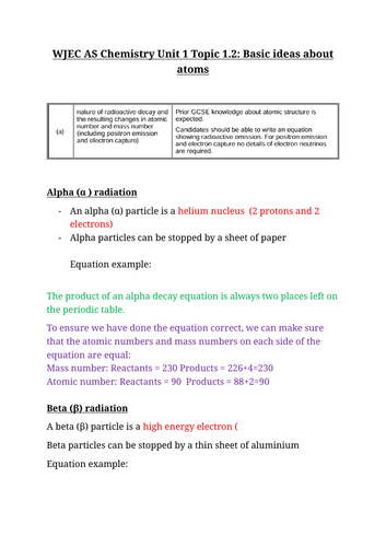 WJEC A level chemistry AS unit 1 topic 1.2: Basic ideas about atoms notes