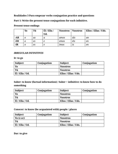 Realidades 3 Para empezar verbs conjugation practice and questions