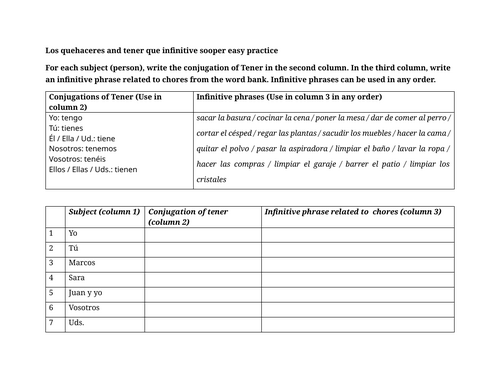 Los quehaceres and tener que infinitive sooper easy practice
