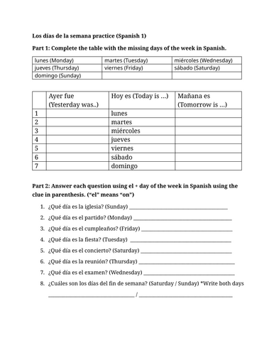 Los días de la semana practice (Spanish 1)