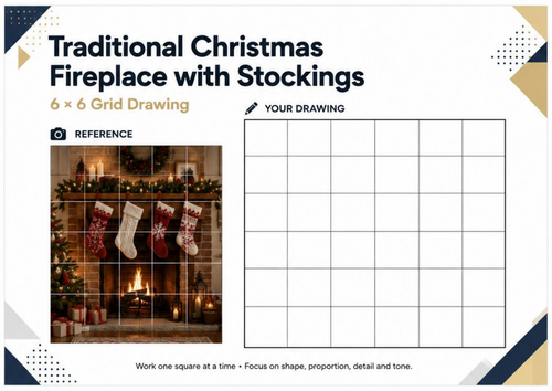 Traditional Christmas Fireplace with Stockings Grid Drawing Worksheet | KS3 KS4 Art