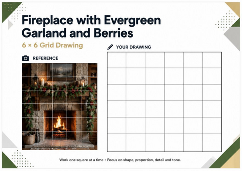 Christmas Fireplace with Evergreen Garland & Berries Grid Drawing Worksheet