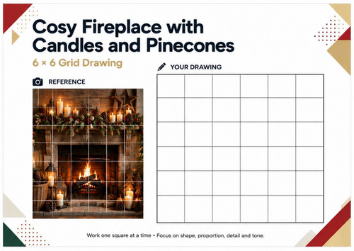 Cosy Christmas Fireplace with Candles & Pinecones Grid Drawing Worksheet