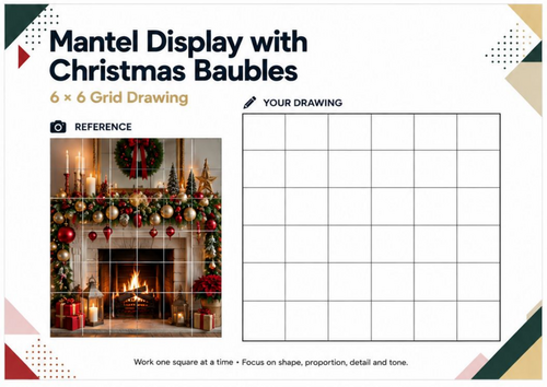 Christmas Mantel with Baubles Grid Drawing Worksheet | Festive Art Activity
