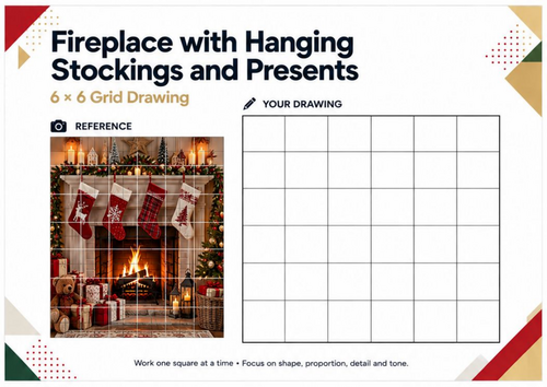 Christmas Fireplace with Stockings & Presents Grid Drawing Worksheet