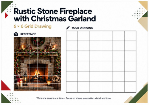 Rustic Stone Christmas Fireplace Grid Drawing Worksheet | KS3 KS4 Art