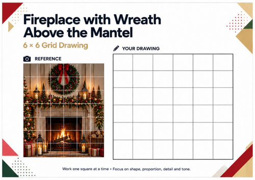 Christmas Fireplace with Wreath Grid Drawing Worksheet | Festive Art