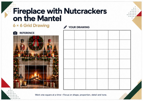 Nutcracker Christmas Fireplace Grid Drawing Worksheet | Christmas Art