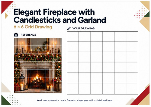 Christmas Fireplace with Candlesticks & Garland Grid Drawing Worksheet