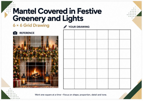 Festive Christmas Mantel with Greenery & Lights Grid Drawing Worksheet