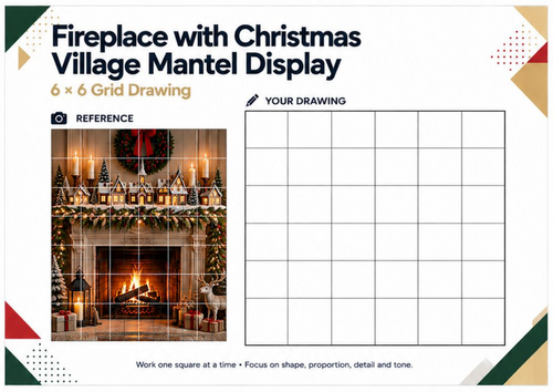 Christmas Village Fireplace Grid Drawing Worksheet | Festive Art Activity