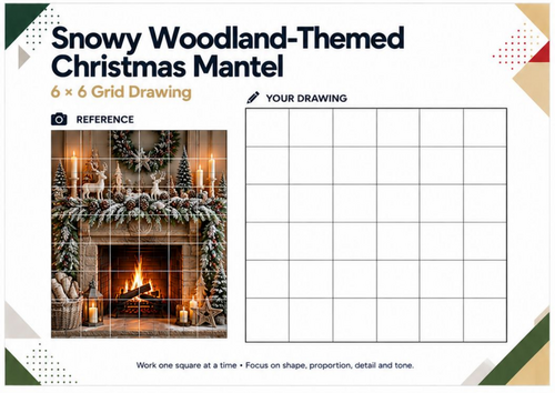 Snowy Woodland Christmas Fireplace Grid Drawing Worksheet | Winter Art