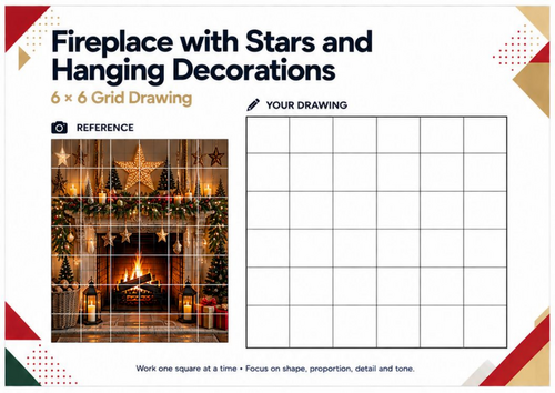 Christmas Fireplace with Stars & Hanging Decorations Grid Drawing Worksheet
