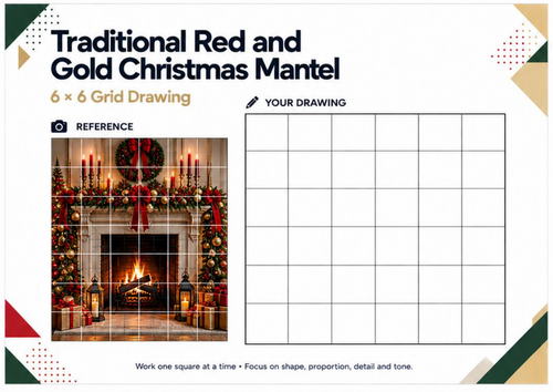 Traditional Red & Gold Christmas Fireplace Grid Drawing Worksheet