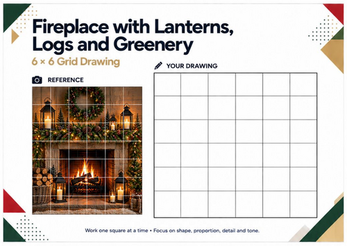 Christmas Fireplace with Lanterns, Logs & Greenery Grid Drawing Worksheet