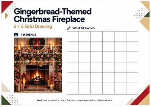 Gingerbread Christmas Fireplace Grid Drawing Worksheet | Festive Art