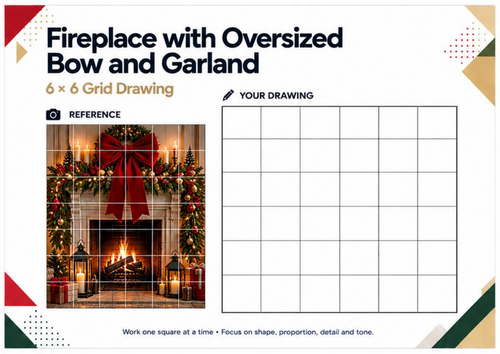 Christmas Fireplace with Giant Bow & Garland Grid Drawing Worksheet