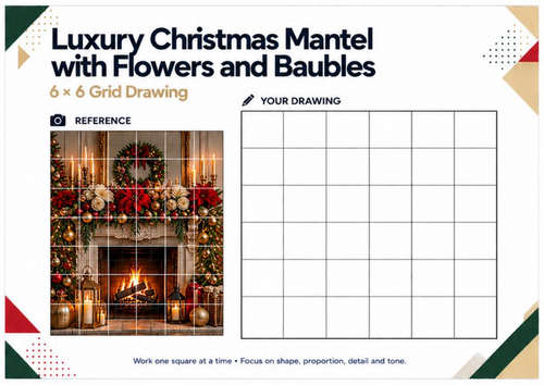 Luxury Christmas Mantel with Flowers & Baubles Grid Drawing Worksheet