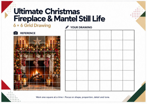 Ultimate Christmas Fireplace & Mantel Grid Drawing Worksheet | KS3 KS4 Art