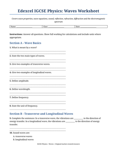 dexcel IGCSE Physics – Waves Worksheet with Answers | Exam-Style Questions