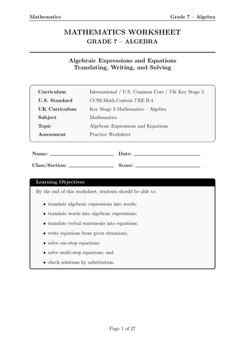 MATHEMATICS WORKSHEET GRADE 7 – ALGEBRA