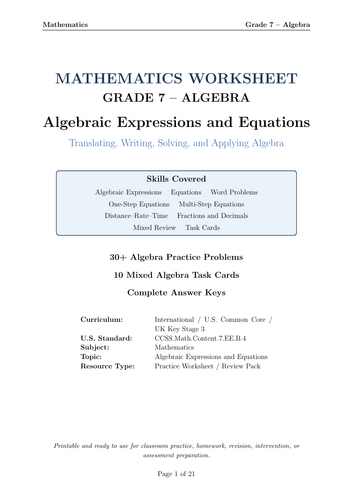 MATHEMATICS WORKSHEET GRADE 7 – ALGEBRA Algebraic Expressions and Equations Translating, Writing, So