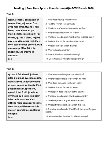 AQA GCSE 2026: Sports Reading | Free Time (French Foundation)