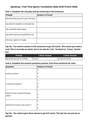 AQA GCSE 2026: Sports Speaking Exam | Free Time (French Foundation)