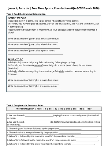 AQA GCSE 2026: Sports JOUER & FAIRE | Free Time (French Foundation)