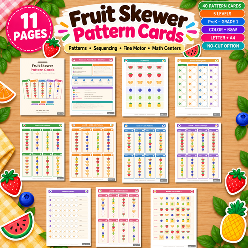 Fruit Skewer Pattern Cards Printable | coloring page | Preschool September craft