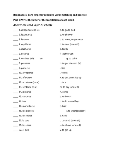 Realidades 3 Para empezar reflexive verbs matching and practice