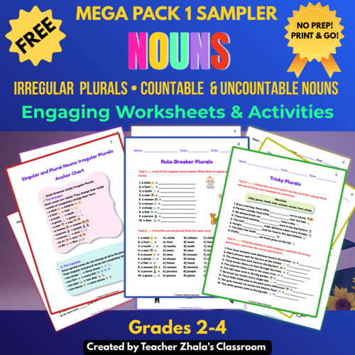 FREE Nouns Worksheets Grades 2-4 - Irregular Plurals, Countable & Uncountable
