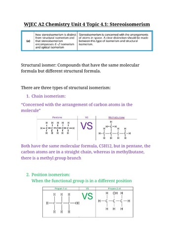 WJEC A level chemistry A2 Unit 4 topic 4.1 stereoisomerism notes