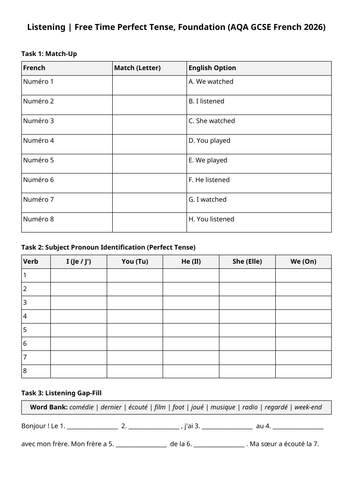 AQA GCSE 2026: Perfect Tense Listening | Free Time (French Foundation)