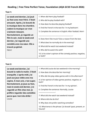 AQA GCSE 2026: Perfect Tense Reading | Free Time (French Foundation)