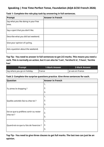 AQA GCSE 2026: Perfect Tense Speaking Exam | Free Time (French Foundation)