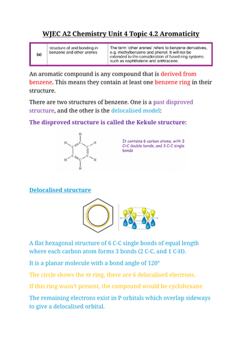 WJEC A level Chemistry A2 Unit 4 topic 4.2 Aromaticty notes