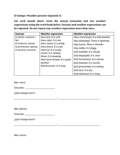 El tiempo: Weather practice (Spanish 1)