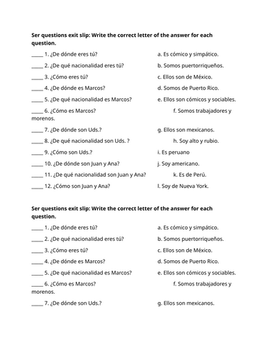 Ser questions exit slip